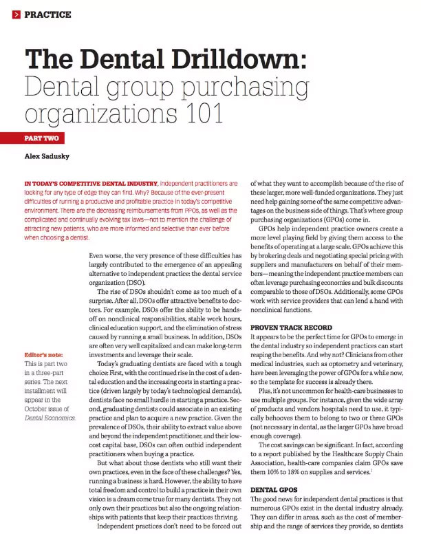 The image displays a magazine cover with text that reads THE DENTAL DRILOWN Dental group purchasing organizations 101. The cover also features an article title, Dental Group Purchasing Organizations 101, and includes a photo of a person in a dentist s office.