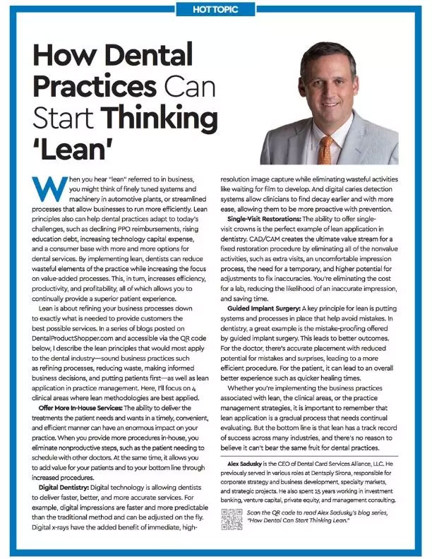 The image appears to be an article cover with text and a photograph. It features a man in a suit on the right side, looking directly at the camera, against a background that includes a headline and text describing dental practices starting to think lean.