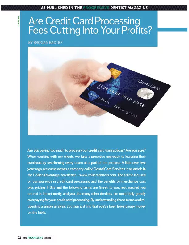 The image displays a graphic with text and an illustration. It features a hand holding a credit card with the question Are Credit Card Processing Fees Cutting into Your Profits at the top, followed by a subtitle that reads Bridget Baker. Below this, there is an article preview titled The Pros and Cons of Using Credit Cards, which includes a brief summary stating that credit card processing fees are increasing, with a list of pros and cons for using credit cards. The style of the image suggests it may be from a magazine or publication, designed to convey information on financial topics.