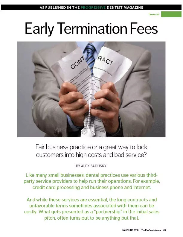 The image features a newspaper headline with text EARLY TERMINATION FEES and includes an illustration of a person holding two pieces of paper, one with the words CONTRACT and FEES, suggesting the subject matter of the article pertains to financial or legal implications for early termination of contracts.