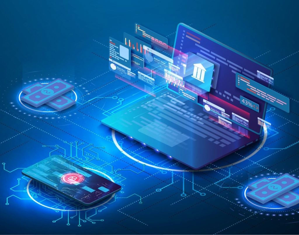 A digital illustration depicts a laptop at the center surrounded by holographic screens displaying various interconnected data points, set against a backdrop of futuristic technology and cybernetic elements.