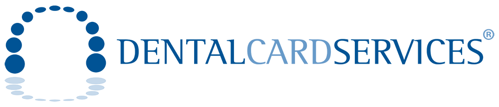 The image features a logo with text that reads DentalCardsServices accompanied by a graphic element resembling a blue circle with white dots, set against a white background.