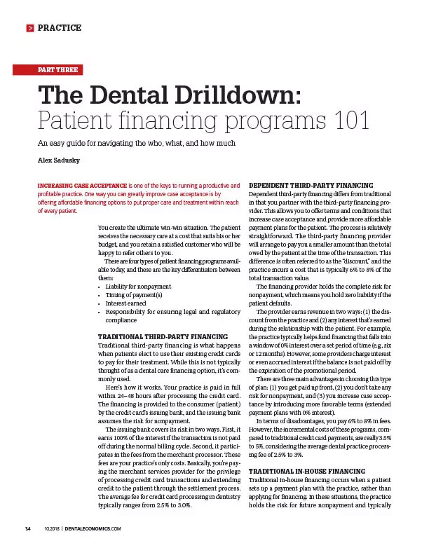 The image shows a page from a book or article with text and a title The Dental Drilldown Patient Financing Programs 101. It appears to be an educational resource on dental financing programs, likely aimed at dental professionals or patients.
