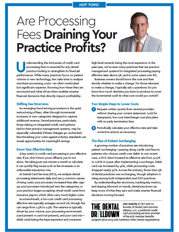The image appears to be a digital advertisement or informational graphic with a blue header containing text that reads Processing fees drain your practice profits followed by an article title Are you paying too much for processing fees Below the headline, there are bullet points outlining various issues related to processing fees. The main body of the image features a man in a suit standing behind a table with information and statistics displayed on it. The text is overlaid on a background that includes a photograph of a person and some financial data. The overall style suggests an educational or informational purpose, possibly related to finance or business management.