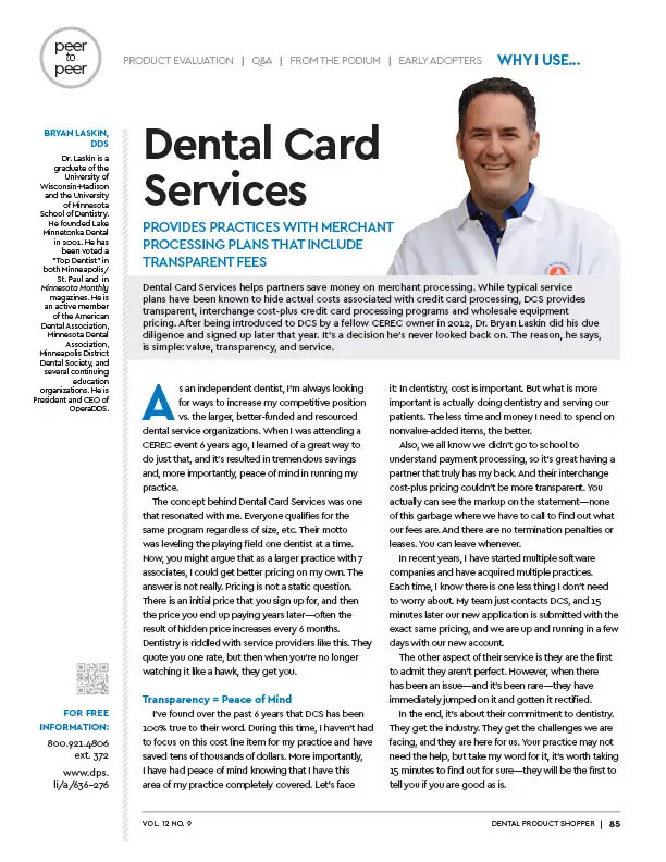 The image shows a newspaper article featuring a man in a white shirt with the text Dental Card Services prominently displayed. The headline reads A Dentist s Perspective on Transparency.